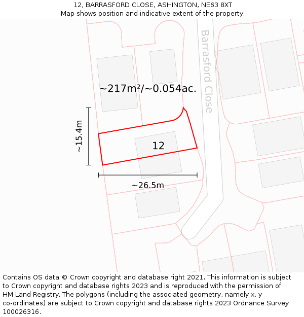 12, BARRASFORD CLOSE, ASHINGTON, NE63 8XT: Plot and title map