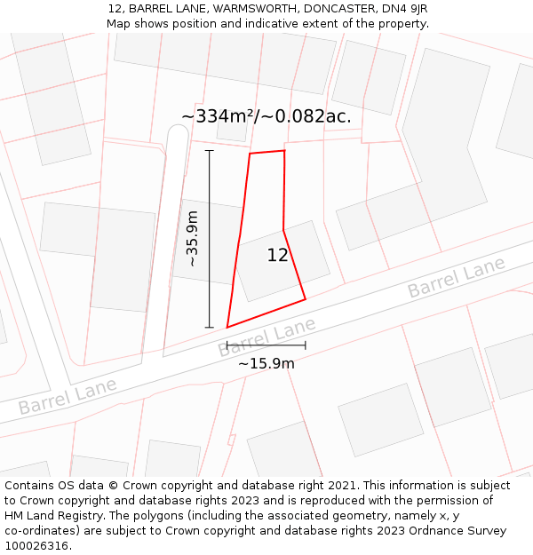 12, BARREL LANE, WARMSWORTH, DONCASTER, DN4 9JR: Plot and title map