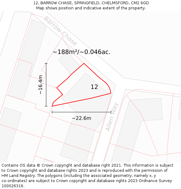 12, BARROW CHASE, SPRINGFIELD, CHELMSFORD, CM2 6GD: Plot and title map
