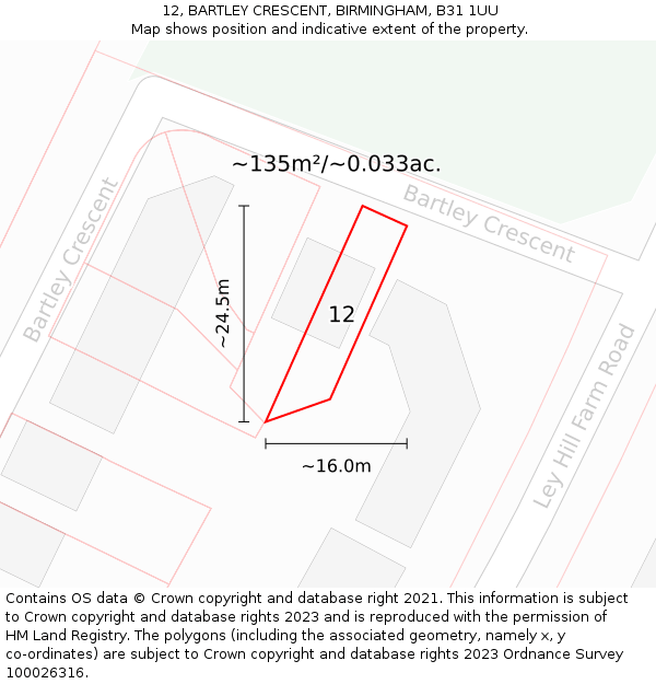 12, BARTLEY CRESCENT, BIRMINGHAM, B31 1UU: Plot and title map