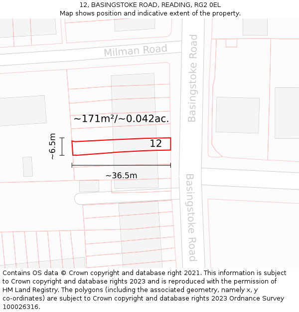 12, BASINGSTOKE ROAD, READING, RG2 0EL: Plot and title map