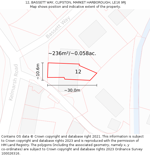 12, BASSETT WAY, CLIPSTON, MARKET HARBOROUGH, LE16 9RJ: Plot and title map