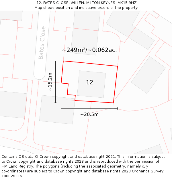 12, BATES CLOSE, WILLEN, MILTON KEYNES, MK15 9HZ: Plot and title map