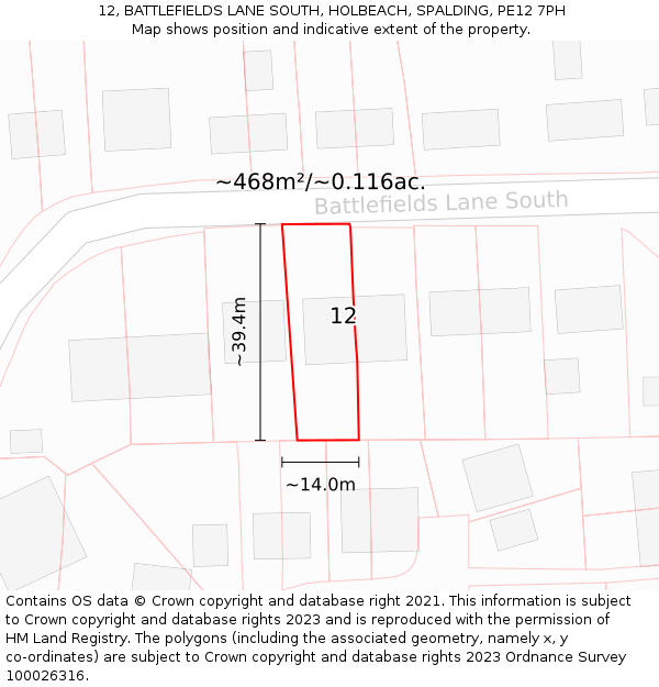 12, BATTLEFIELDS LANE SOUTH, HOLBEACH, SPALDING, PE12 7PH: Plot and title map