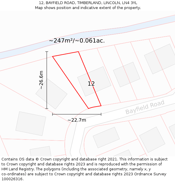 12, BAYFIELD ROAD, TIMBERLAND, LINCOLN, LN4 3YL: Plot and title map