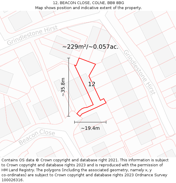 12, BEACON CLOSE, COLNE, BB8 8BG: Plot and title map