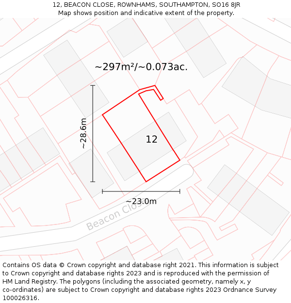 12, BEACON CLOSE, ROWNHAMS, SOUTHAMPTON, SO16 8JR: Plot and title map