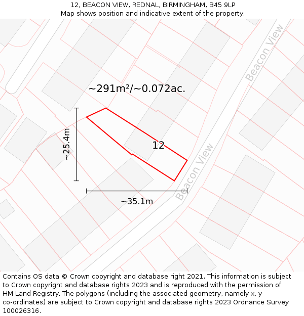 12, BEACON VIEW, REDNAL, BIRMINGHAM, B45 9LP: Plot and title map