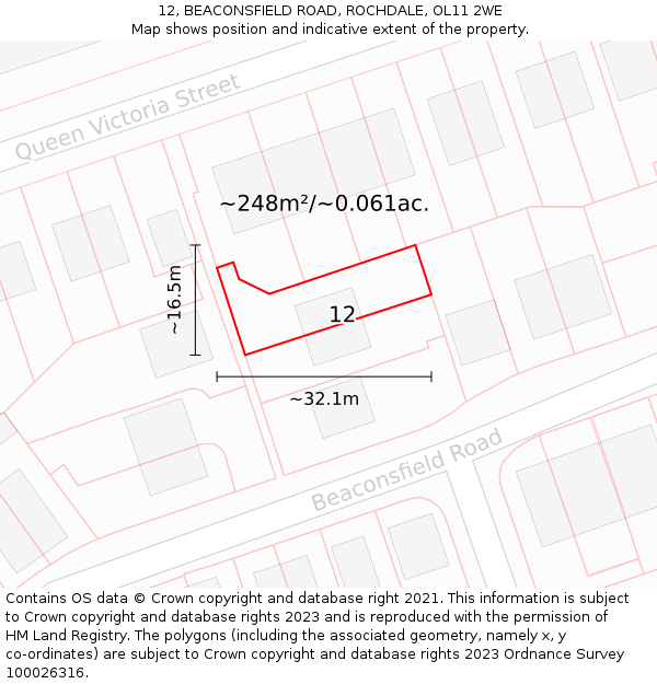 12, BEACONSFIELD ROAD, ROCHDALE, OL11 2WE: Plot and title map