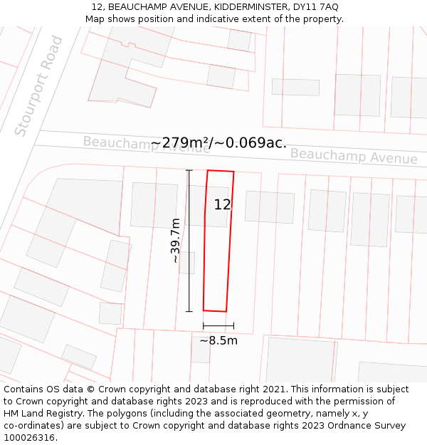 12, BEAUCHAMP AVENUE, KIDDERMINSTER, DY11 7AQ: Plot and title map