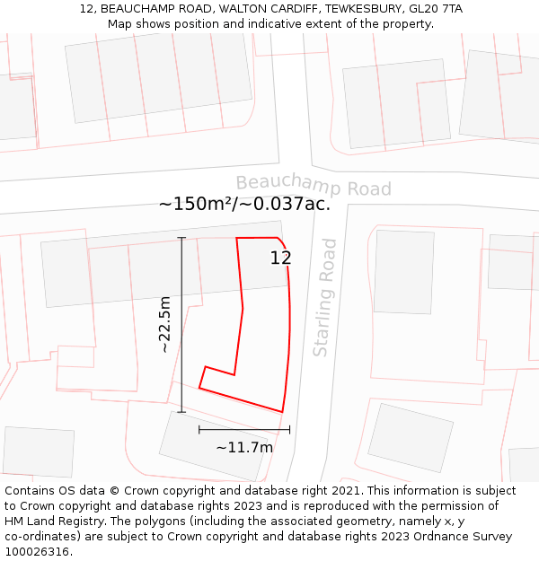 12, BEAUCHAMP ROAD, WALTON CARDIFF, TEWKESBURY, GL20 7TA: Plot and title map