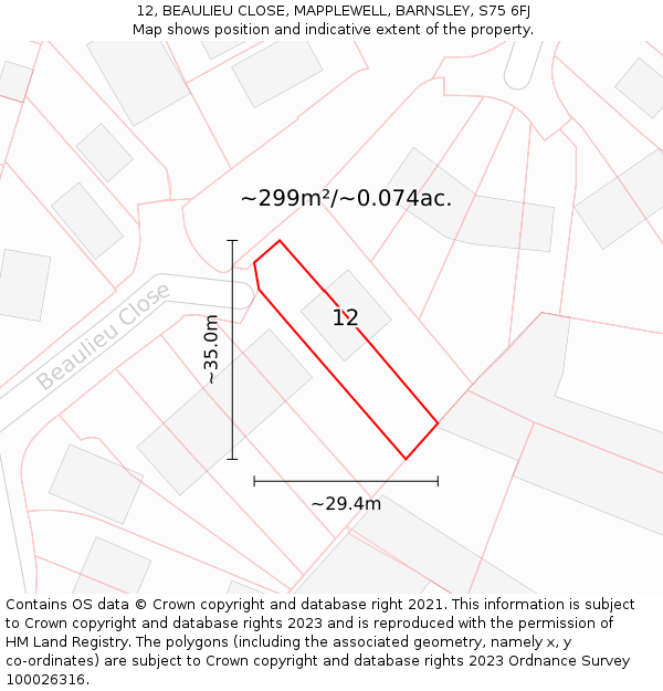 12, BEAULIEU CLOSE, MAPPLEWELL, BARNSLEY, S75 6FJ: Plot and title map