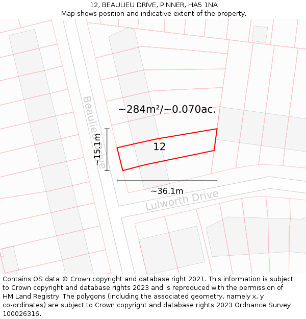 12, BEAULIEU DRIVE, PINNER, HA5 1NA: Plot and title map