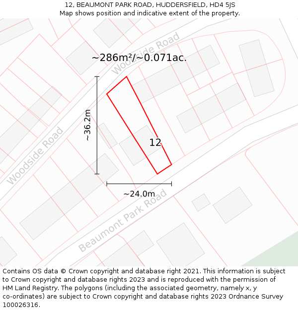 12, BEAUMONT PARK ROAD, HUDDERSFIELD, HD4 5JS: Plot and title map