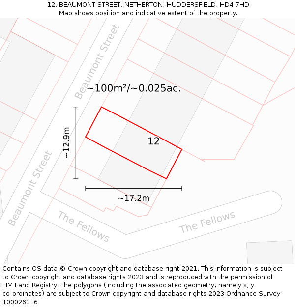 12, BEAUMONT STREET, NETHERTON, HUDDERSFIELD, HD4 7HD: Plot and title map
