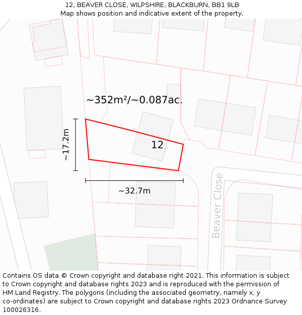 12, BEAVER CLOSE, WILPSHIRE, BLACKBURN, BB1 9LB: Plot and title map