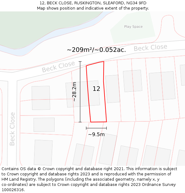 12, BECK CLOSE, RUSKINGTON, SLEAFORD, NG34 9FD: Plot and title map