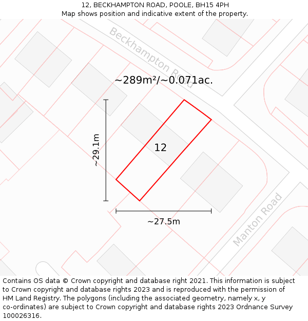 12, BECKHAMPTON ROAD, POOLE, BH15 4PH: Plot and title map
