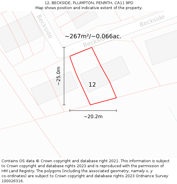 12, BECKSIDE, PLUMPTON, PENRITH, CA11 9PD: Plot and title map