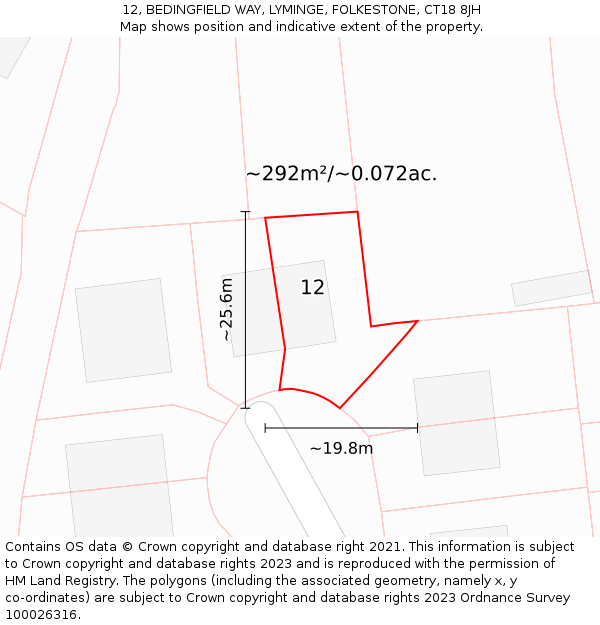 12, BEDINGFIELD WAY, LYMINGE, FOLKESTONE, CT18 8JH: Plot and title map