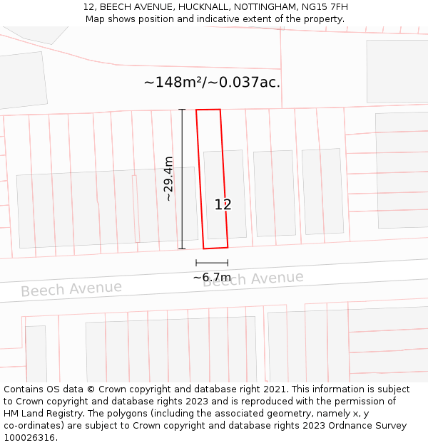 12, BEECH AVENUE, HUCKNALL, NOTTINGHAM, NG15 7FH: Plot and title map