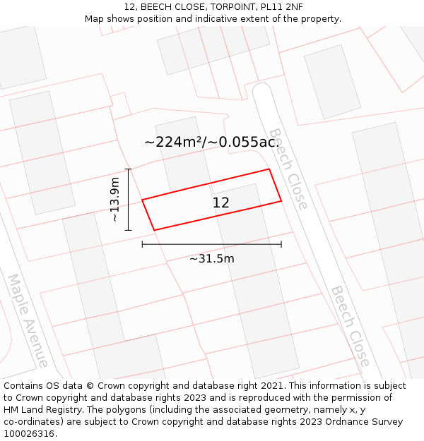 12, BEECH CLOSE, TORPOINT, PL11 2NF: Plot and title map