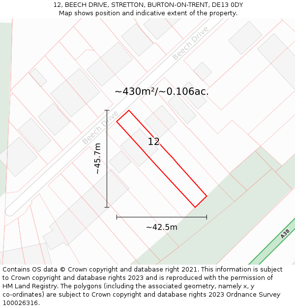 12, BEECH DRIVE, STRETTON, BURTON-ON-TRENT, DE13 0DY: Plot and title map