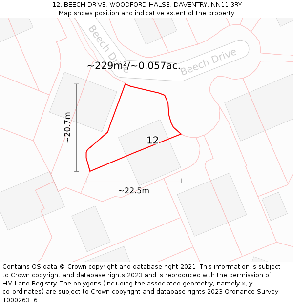 12, BEECH DRIVE, WOODFORD HALSE, DAVENTRY, NN11 3RY: Plot and title map