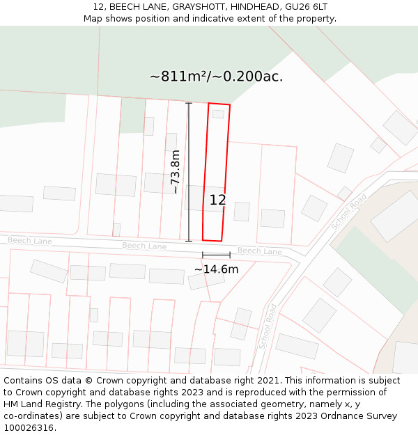 12, BEECH LANE, GRAYSHOTT, HINDHEAD, GU26 6LT: Plot and title map
