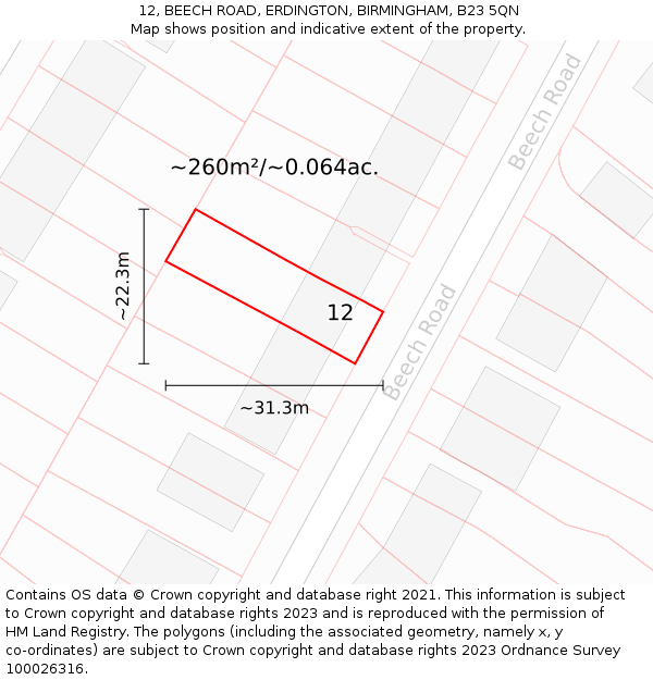 12, BEECH ROAD, ERDINGTON, BIRMINGHAM, B23 5QN: Plot and title map