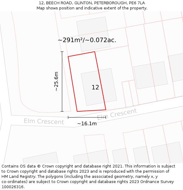 12, BEECH ROAD, GLINTON, PETERBOROUGH, PE6 7LA: Plot and title map
