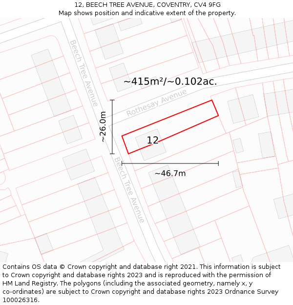 12, BEECH TREE AVENUE, COVENTRY, CV4 9FG: Plot and title map
