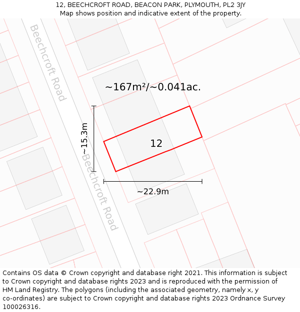 12, BEECHCROFT ROAD, BEACON PARK, PLYMOUTH, PL2 3JY: Plot and title map
