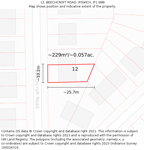 12, BEECHCROFT ROAD, IPSWICH, IP1 6BB: Plot and title map