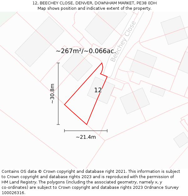 12, BEECHEY CLOSE, DENVER, DOWNHAM MARKET, PE38 0DH: Plot and title map