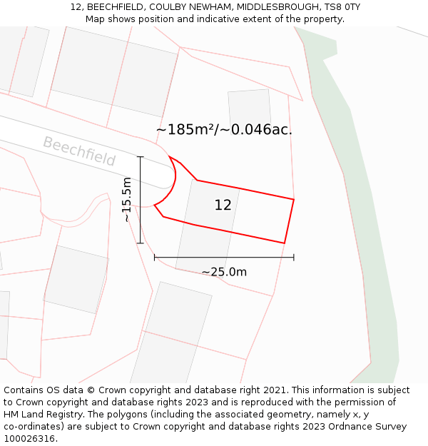 12, BEECHFIELD, COULBY NEWHAM, MIDDLESBROUGH, TS8 0TY: Plot and title map