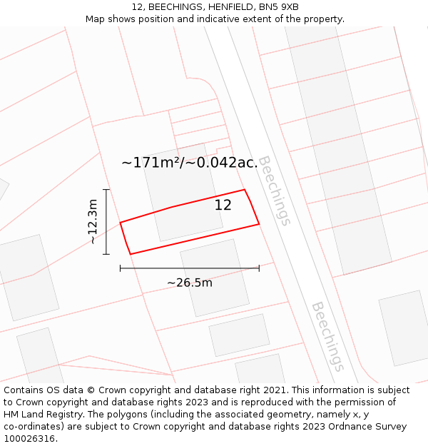 12, BEECHINGS, HENFIELD, BN5 9XB: Plot and title map