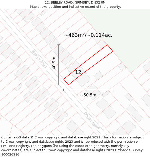 12, BEELEY ROAD, GRIMSBY, DN32 8NJ: Plot and title map