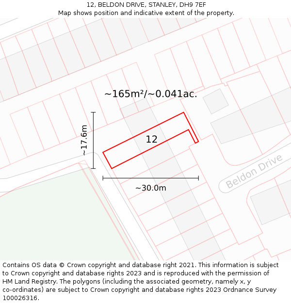 12, BELDON DRIVE, STANLEY, DH9 7EF: Plot and title map