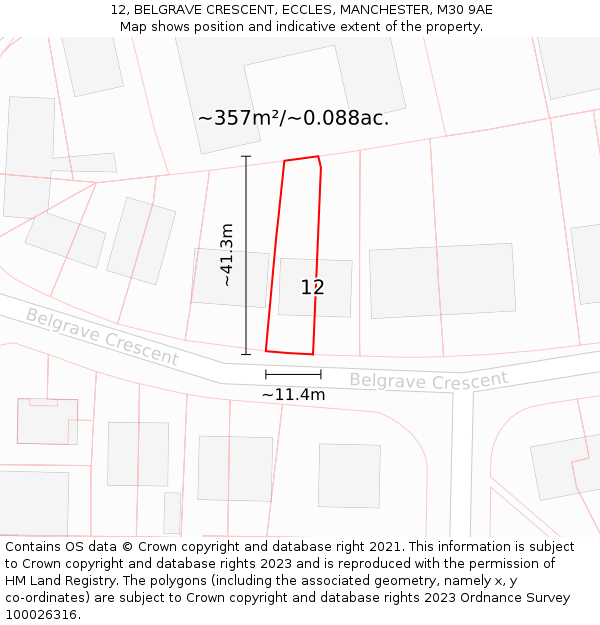 12, BELGRAVE CRESCENT, ECCLES, MANCHESTER, M30 9AE: Plot and title map