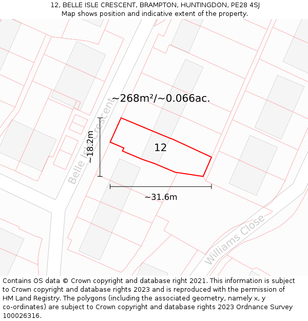 12, BELLE ISLE CRESCENT, BRAMPTON, HUNTINGDON, PE28 4SJ: Plot and title map