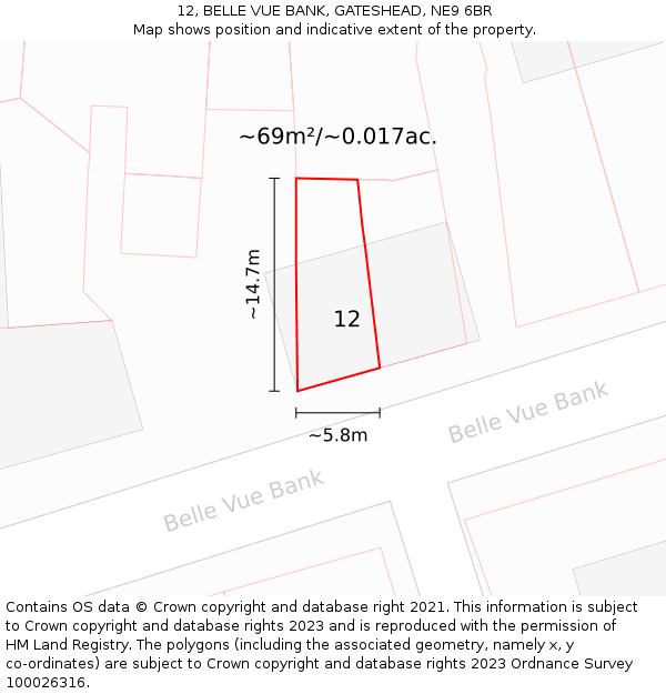 12, BELLE VUE BANK, GATESHEAD, NE9 6BR: Plot and title map