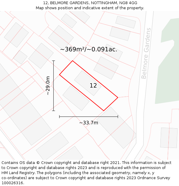 12, BELMORE GARDENS, NOTTINGHAM, NG8 4GG: Plot and title map