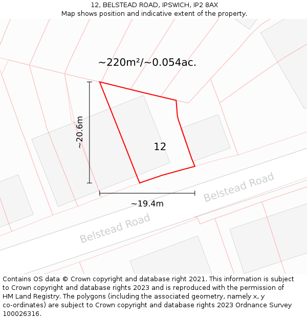 12, BELSTEAD ROAD, IPSWICH, IP2 8AX: Plot and title map