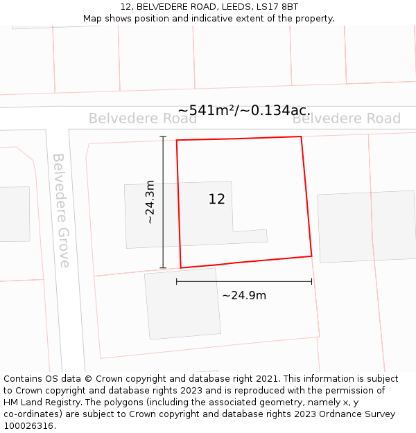 12, BELVEDERE ROAD, LEEDS, LS17 8BT: Plot and title map