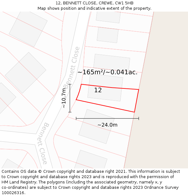 12, BENNETT CLOSE, CREWE, CW1 5HB: Plot and title map
