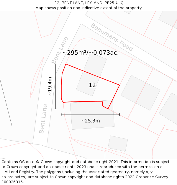 12, BENT LANE, LEYLAND, PR25 4HQ: Plot and title map