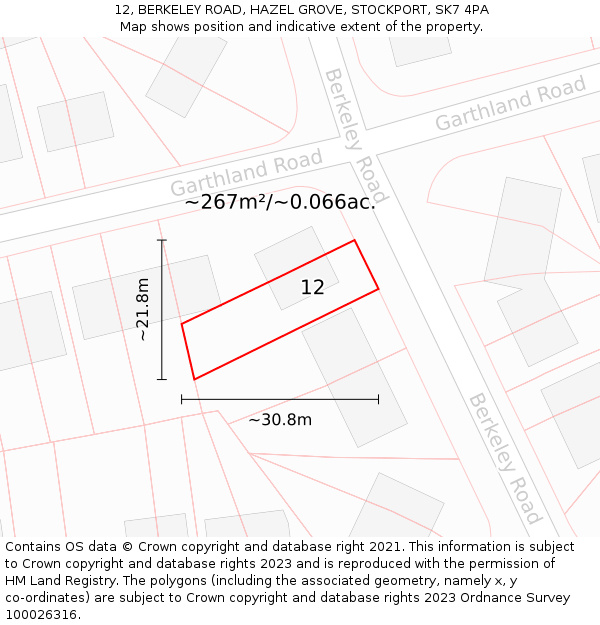 12, BERKELEY ROAD, HAZEL GROVE, STOCKPORT, SK7 4PA: Plot and title map