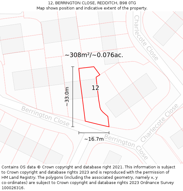 12, BERRINGTON CLOSE, REDDITCH, B98 0TG: Plot and title map