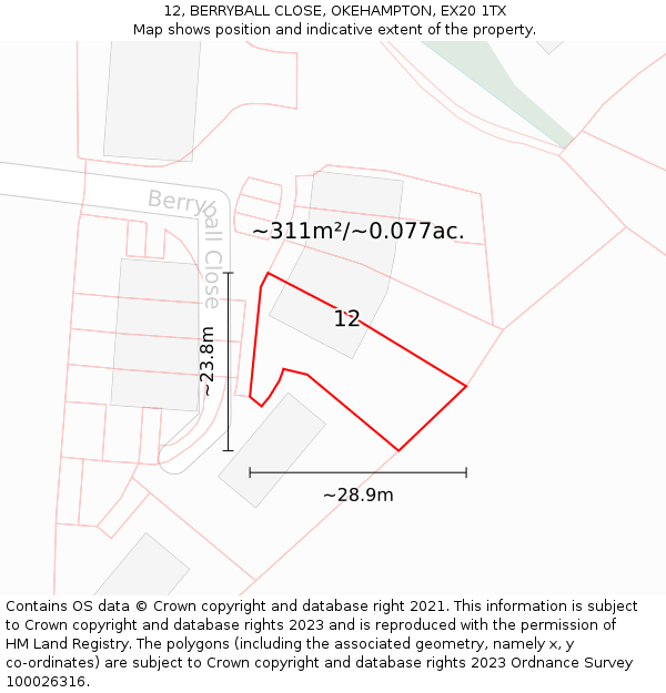12, BERRYBALL CLOSE, OKEHAMPTON, EX20 1TX: Plot and title map
